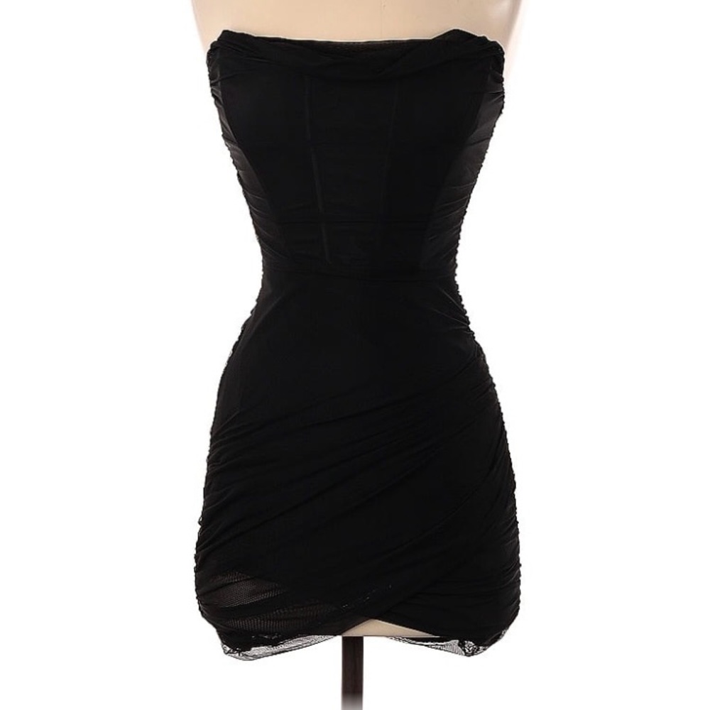 Oh Polly Black Ruched Strapless Black Mini Dress